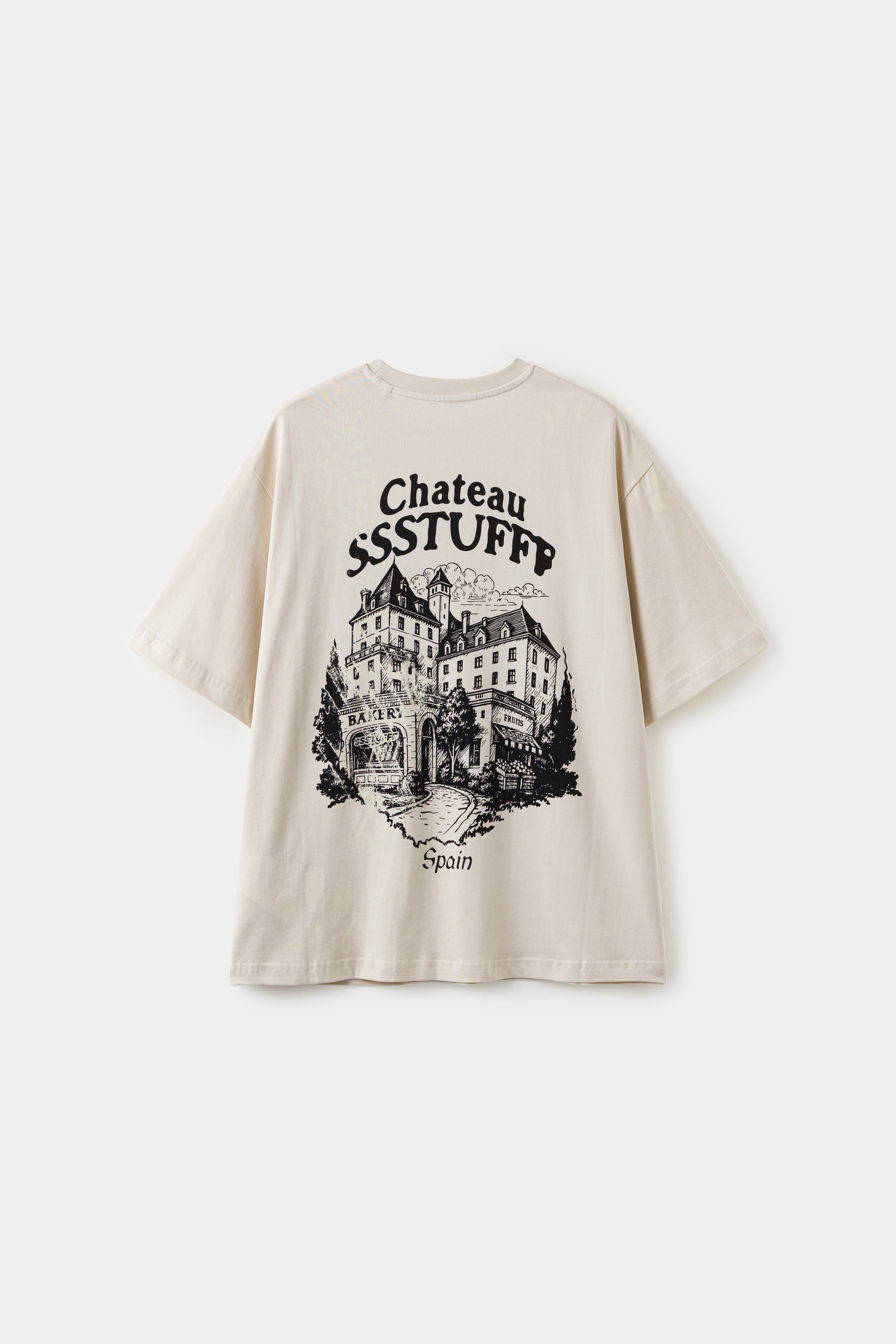 Chateau SSSTUFFF UV Clues Tee in cream, back view with the black chateau illustration and Spain lettering.