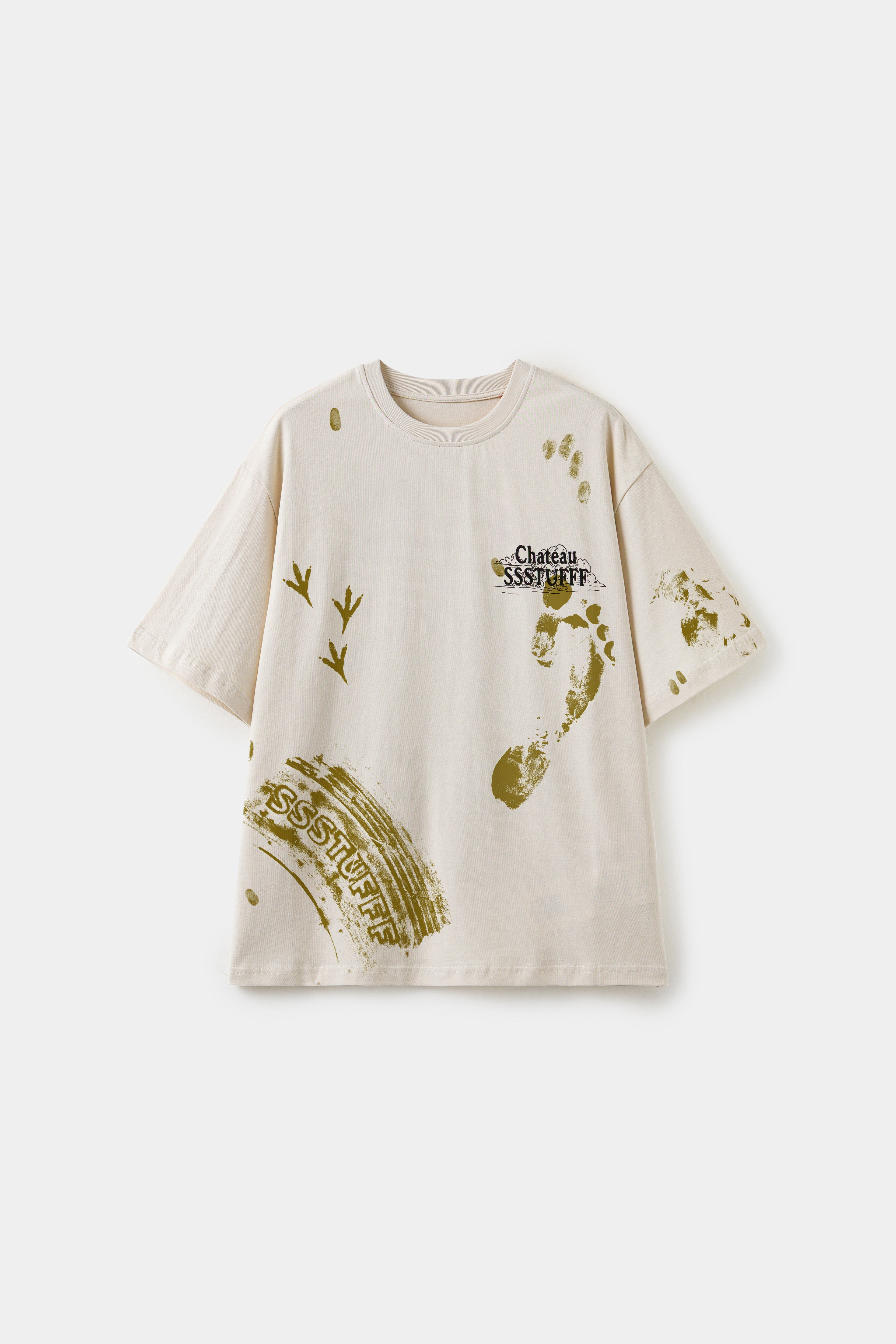 Side of the Chateau SSSTUFFF UV Clues Tee showing UV-revealed footprints and a tyre track.