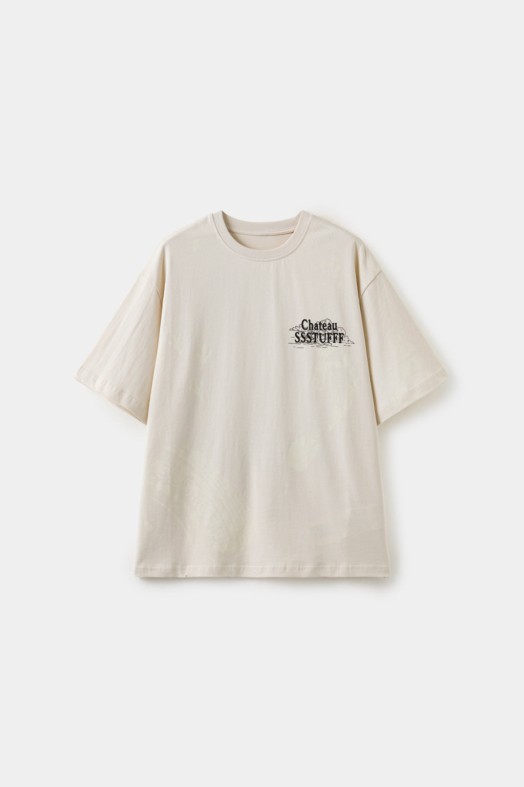 Front of the cream tee with only the small Chateau SSSTUFFF chest logo visible.