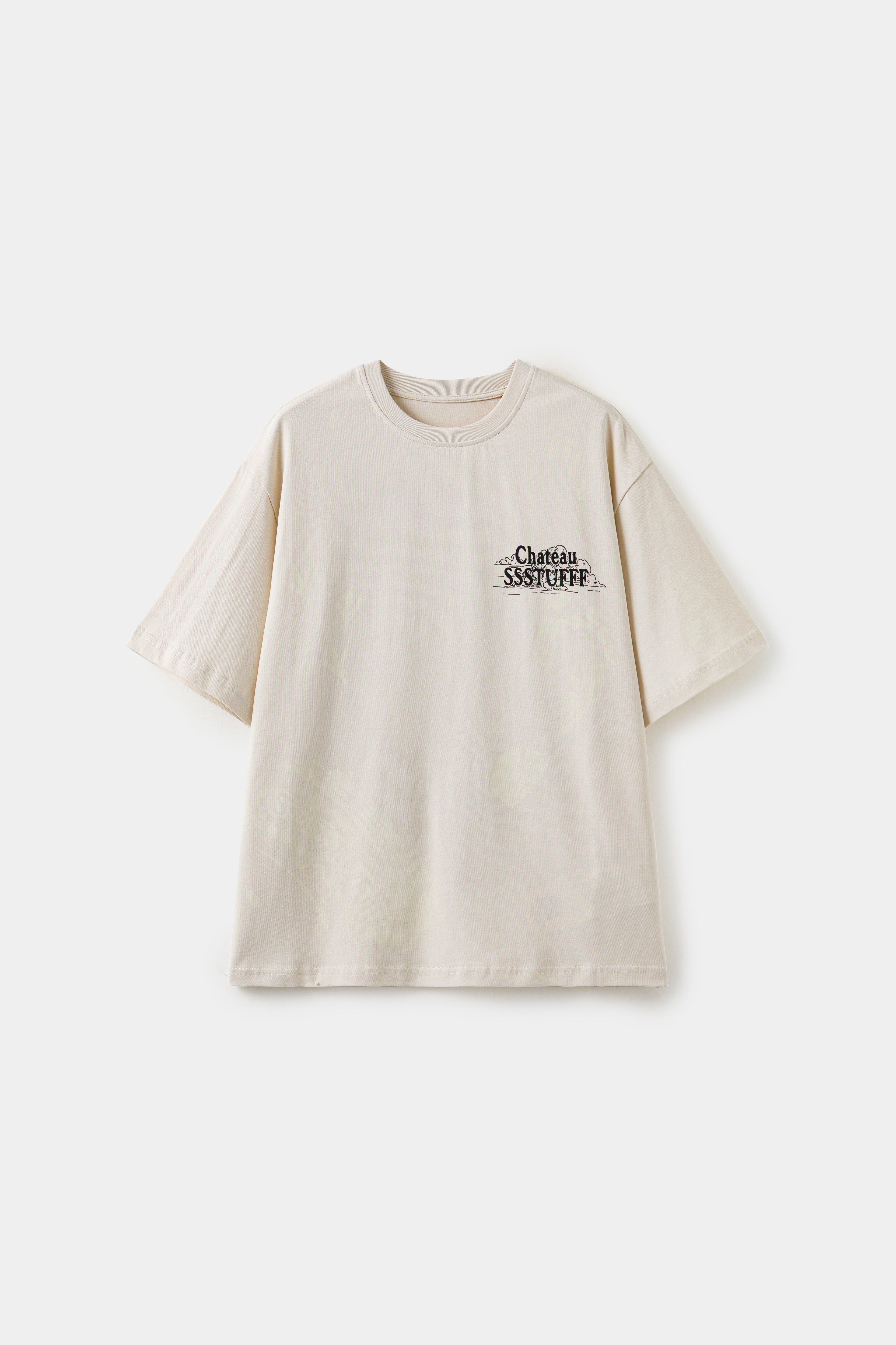 Front of the cream tee with only the small Chateau SSSTUFFF chest logo visible.
