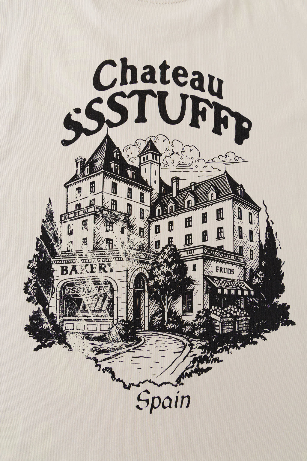 Close-up of the back print: the chateau, the Bakery and Fruits shopfronts and Spain lettering.