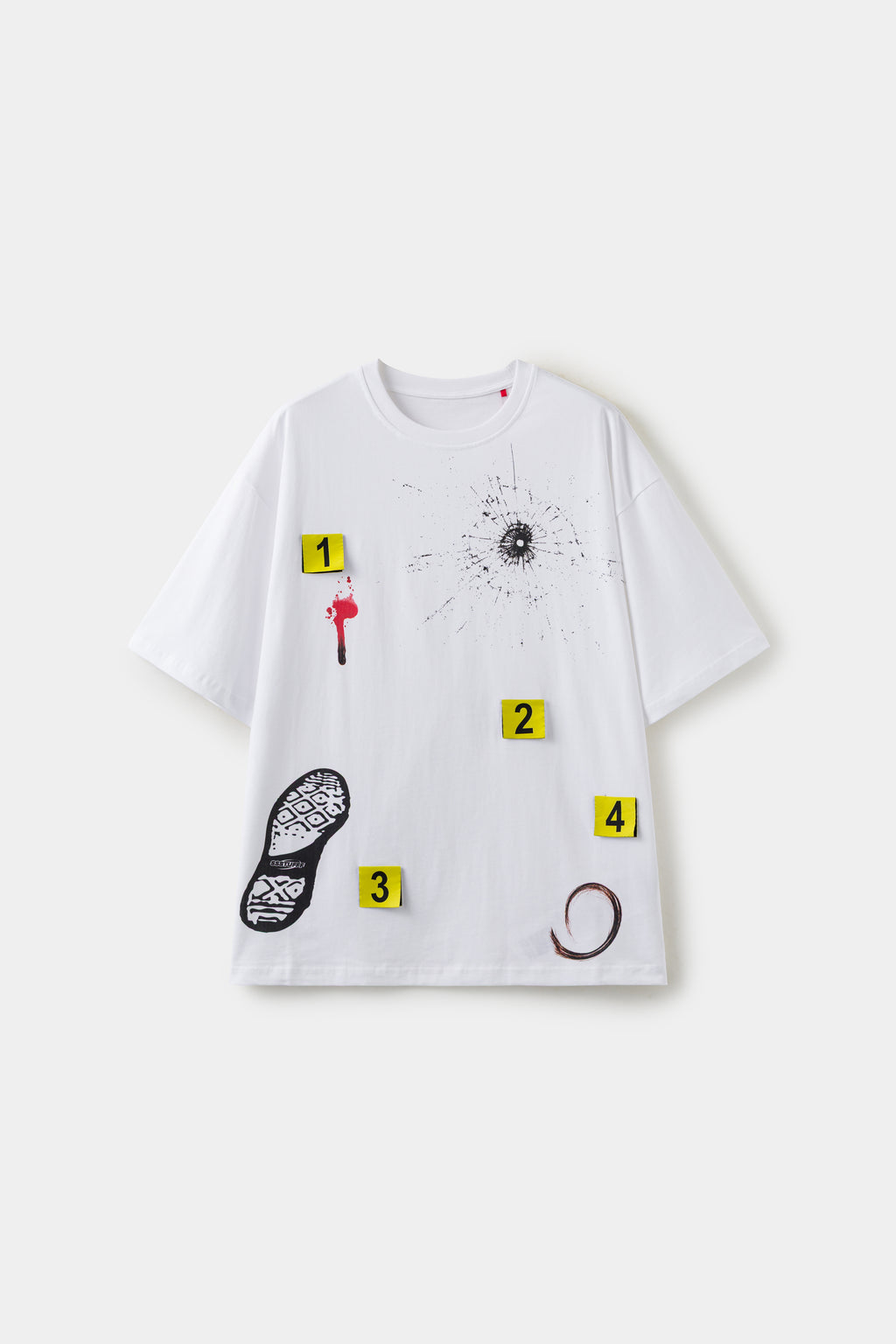 Crime Scene Tee in white with four yellow 3D evidence markers, a bullet hole, blood, a shoe print and a ring stain.