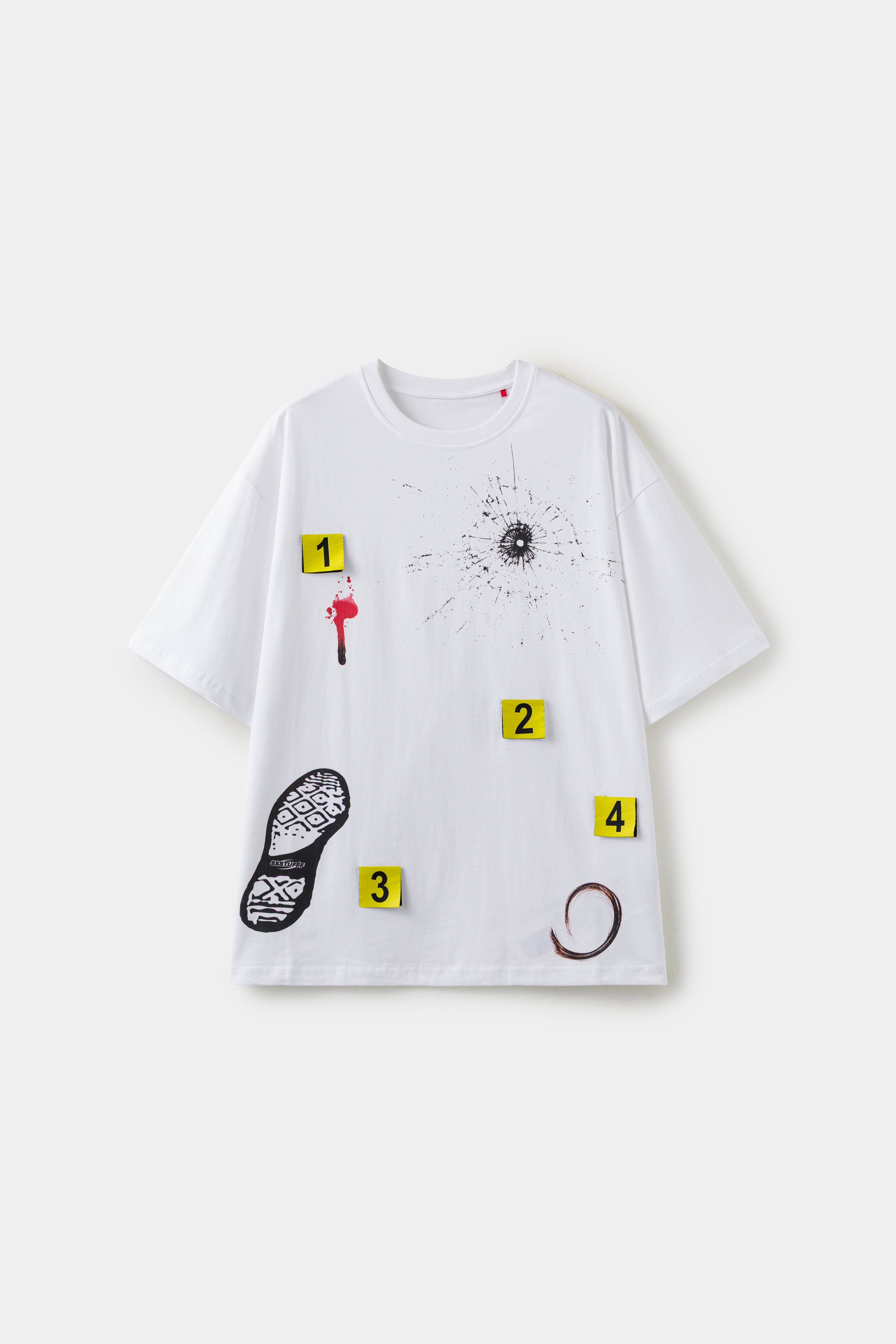 Crime Scene Tee in white with four yellow 3D evidence markers, a bullet hole, blood, a shoe print and a ring stain.