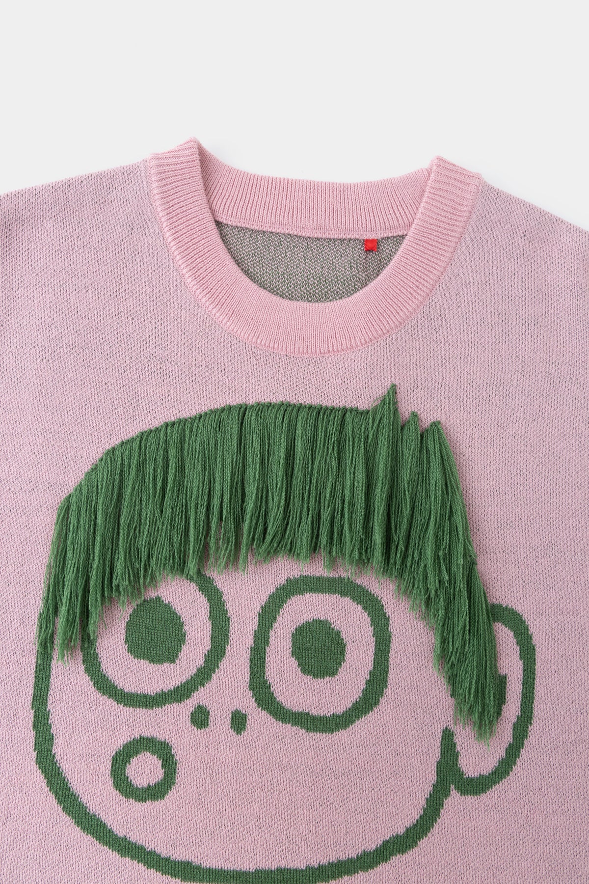 Close-up of the character's face and the green fringe of cuttable yarn hanging over his eyes.