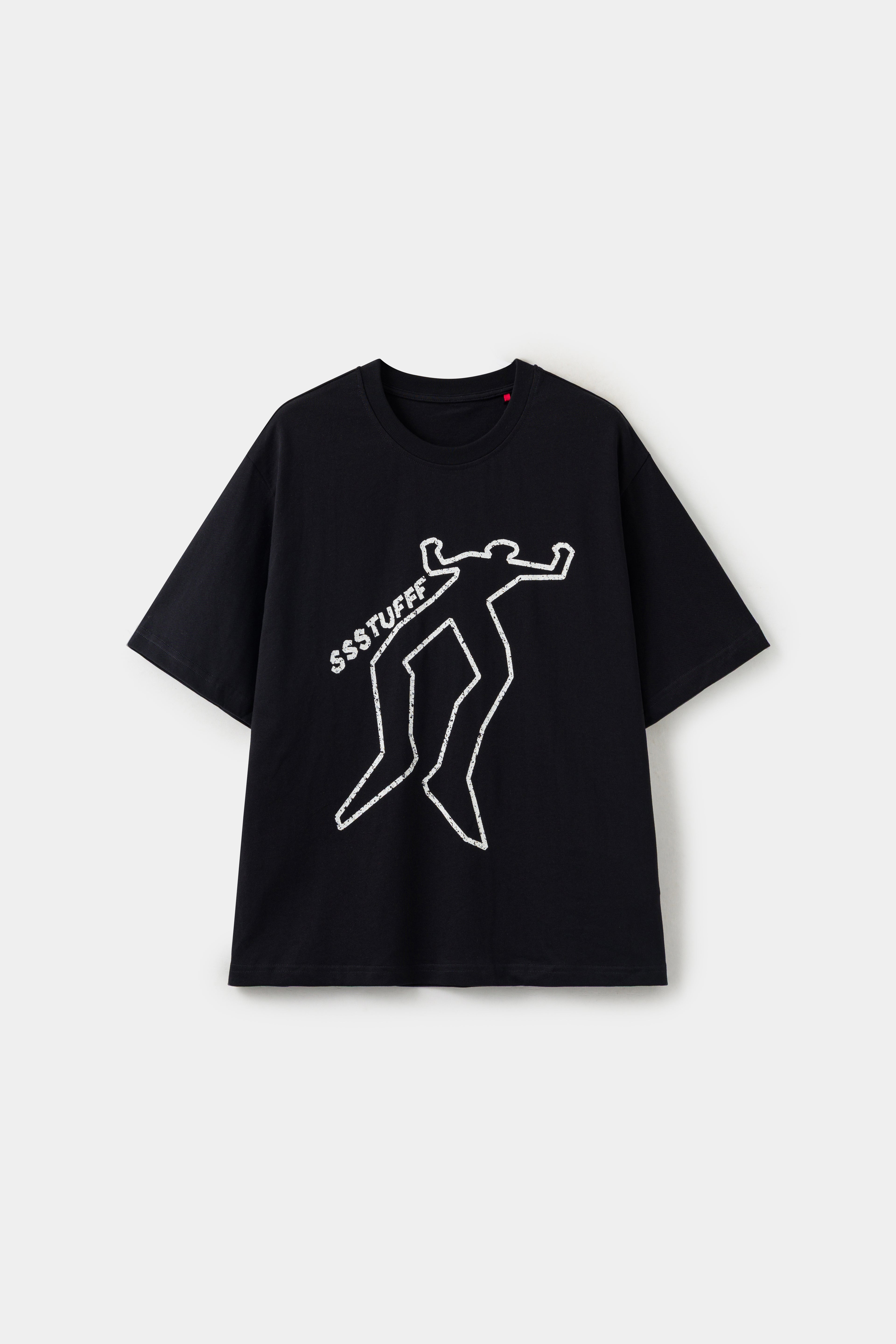 Dead Person Tee in black with a white chalk body outline and SSSTUFFF lettering.