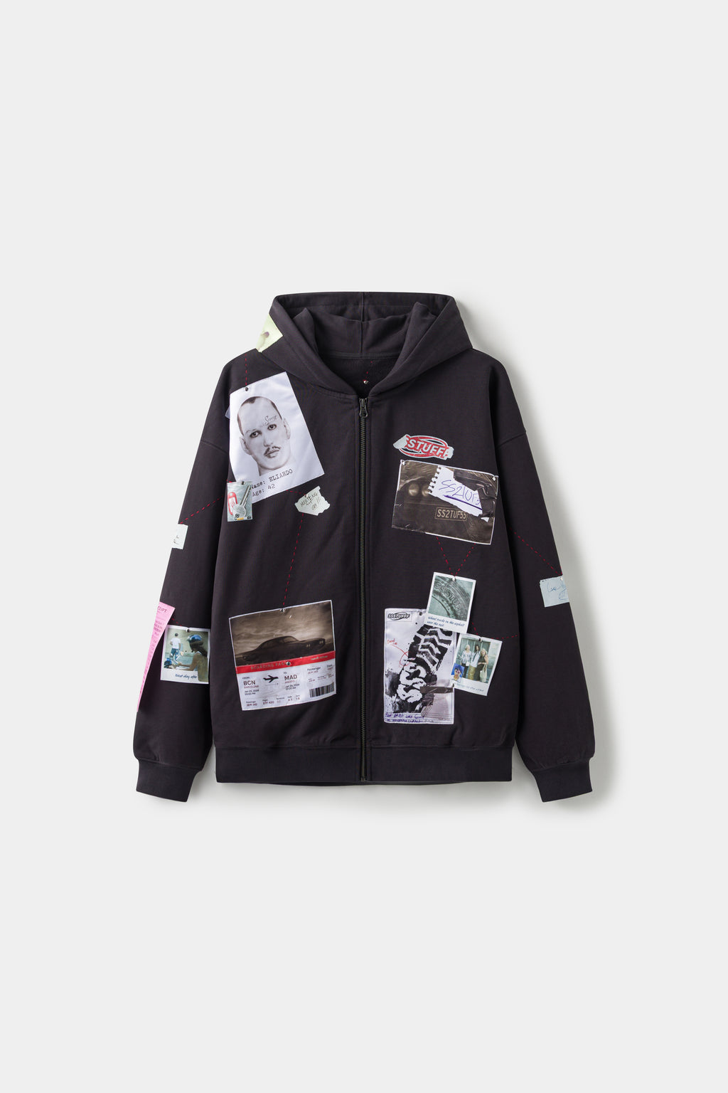 Detective Board Zip Up Hoodie in black, front view covered with printed photographs and evidence tags.