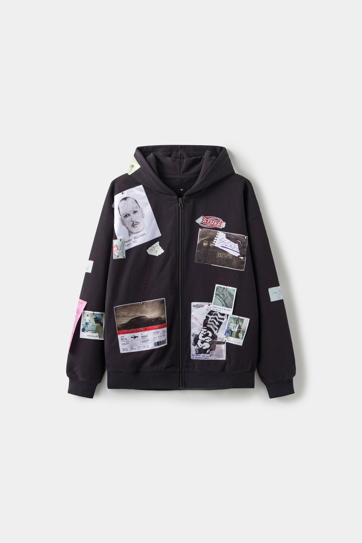 Detective Board Zip Up Hoodie in black, front view covered with printed photographs and evidence tags.