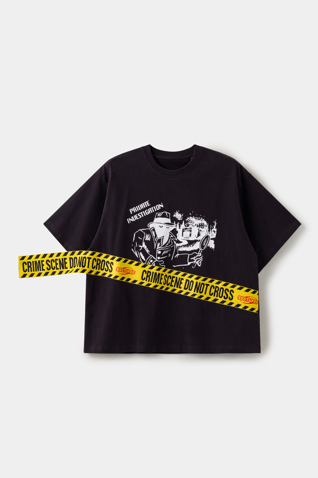 Crime Scene Tape Tee in black with a Private Investigation detective print and a yellow police tape sewn across the chest.