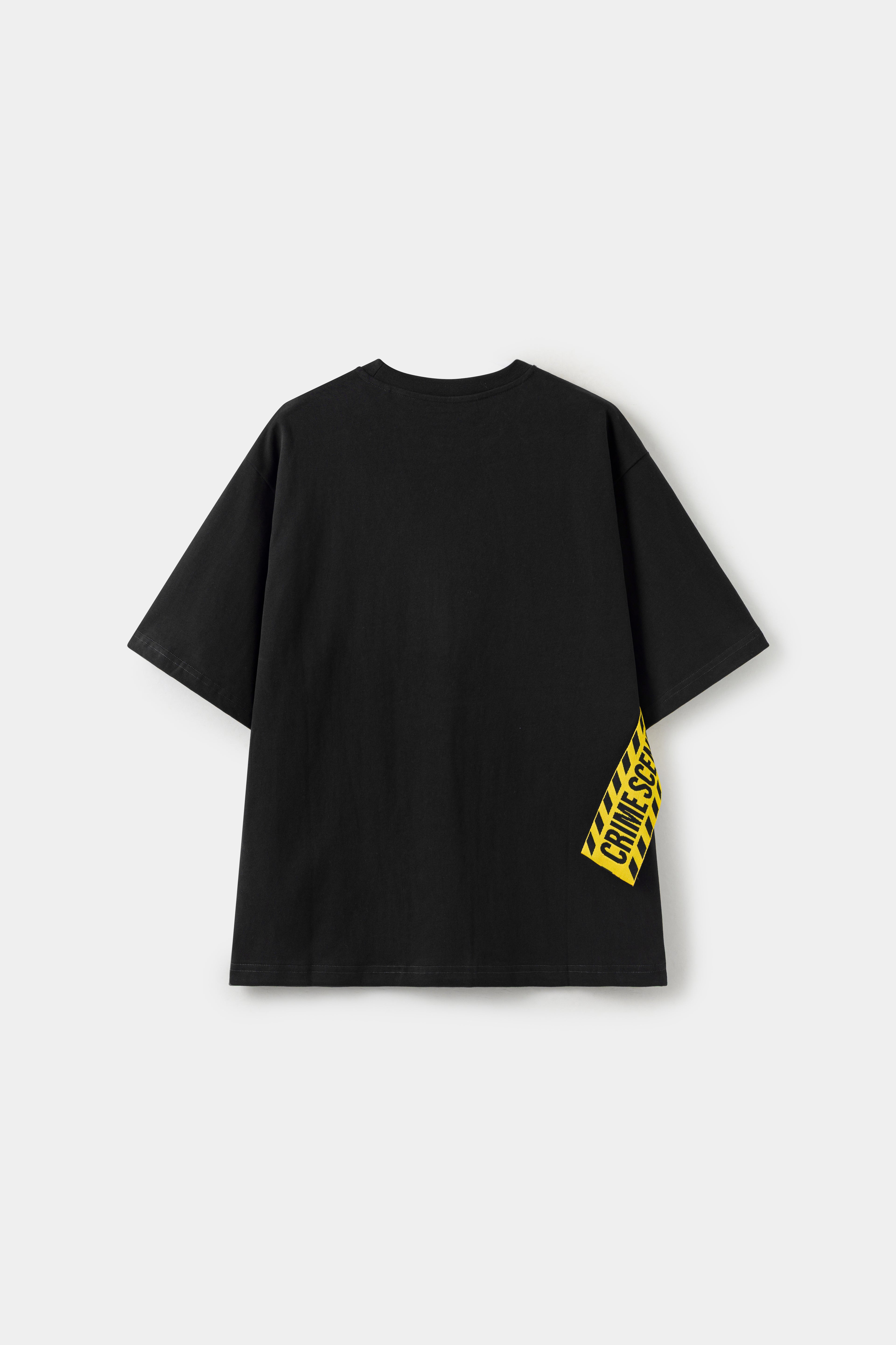 Back view of the black Crime Scene Tape Tee, with the tape continuing around to the side.