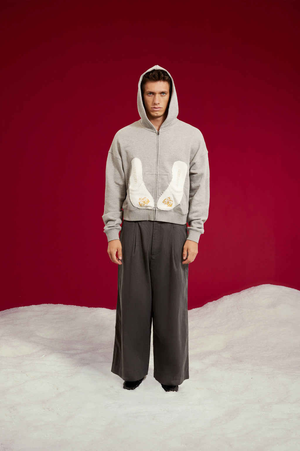 Dress Pants in dark grey, cut as an oversized pleated wide leg trouser. Worn on a model, full-length front view.