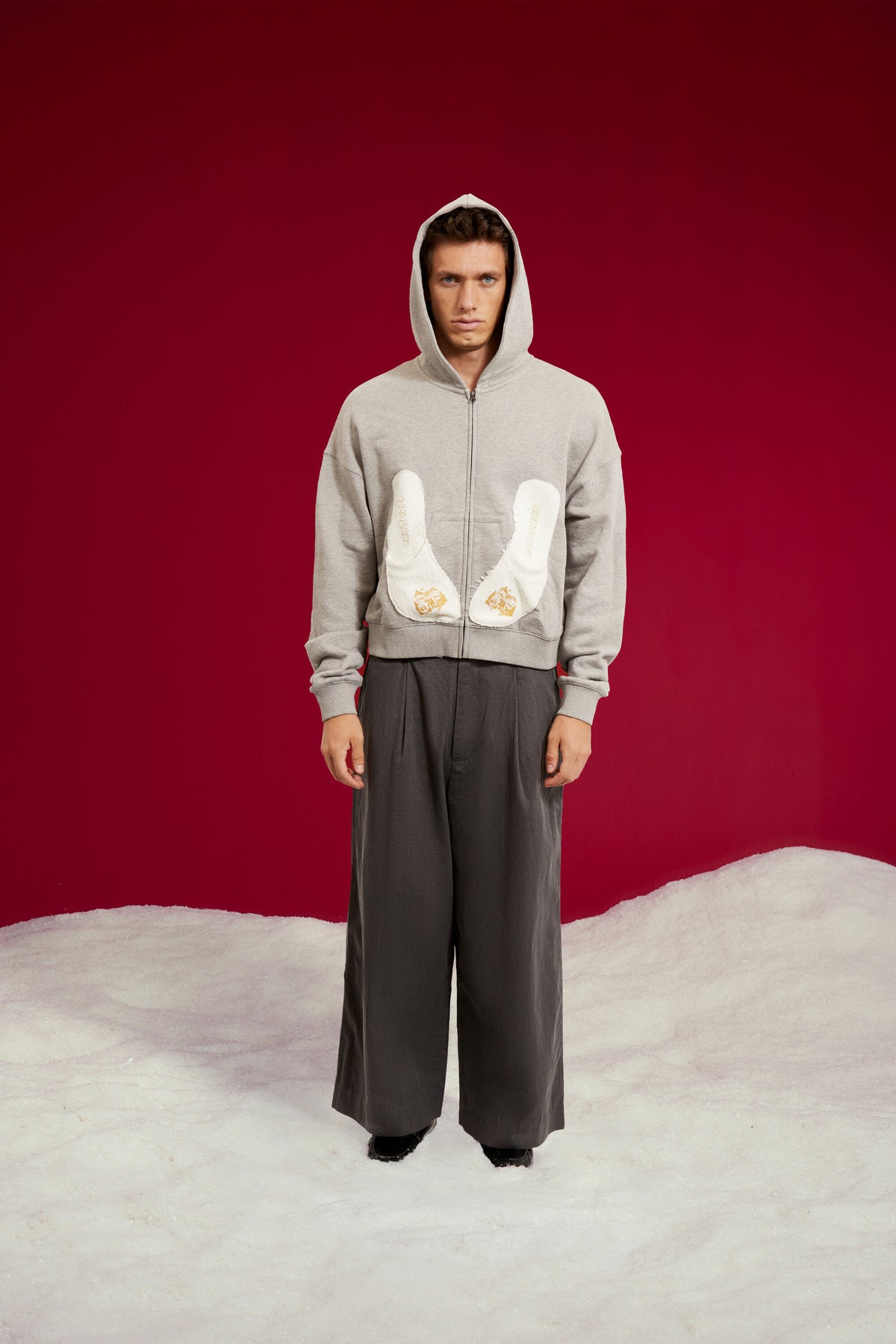 Dress Pants in dark grey, cut as an oversized pleated wide leg trouser. Worn on a model, full-length front view.