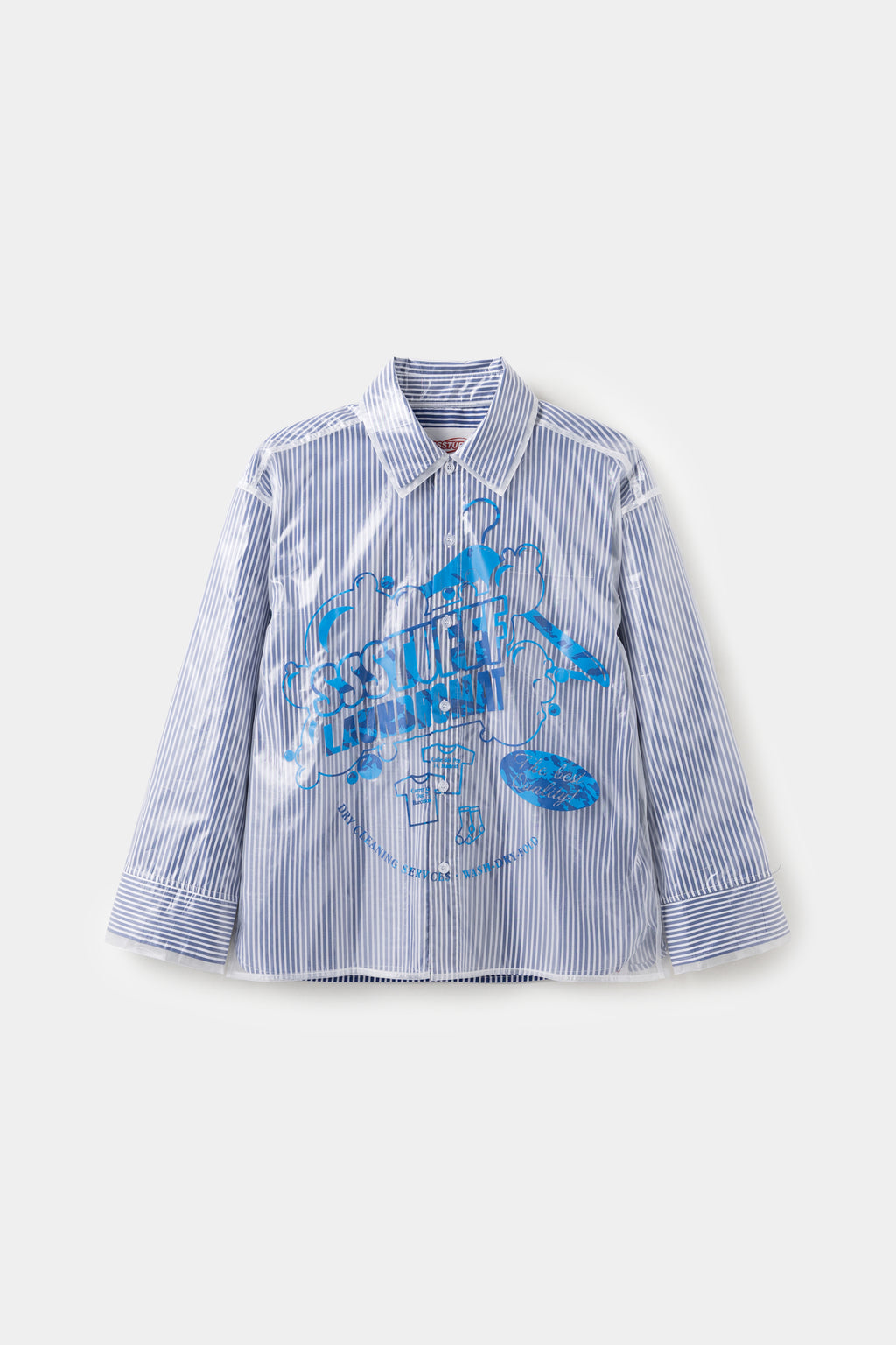 Dry Cleaned Shirt, a blue striped shirt sealed inside a printed dry cleaner's garment bag.
