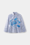 Dry Cleaned Shirt, a blue striped shirt sealed inside a printed dry cleaner's garment bag.