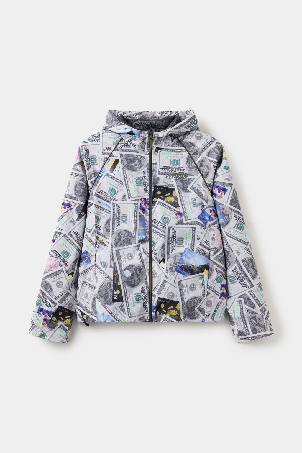 Exploding Wallet Money Windbreaker, printed all over with dollar bills and credit cards.
