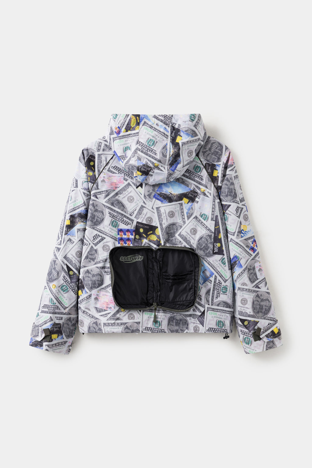 Back view of the money print windbreaker, with the black wallet-shaped pouch at the back.