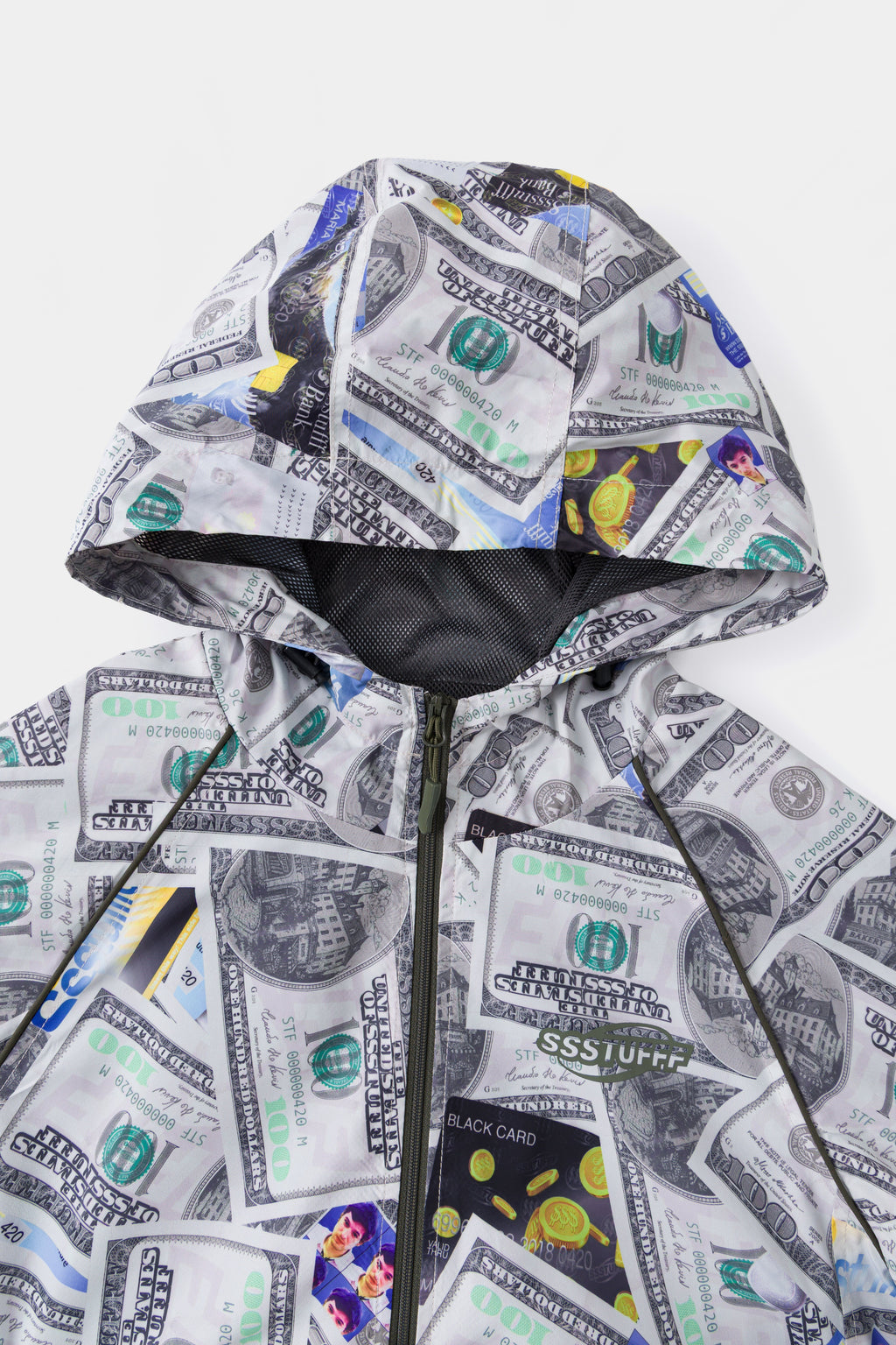 Close-up of the hood and the banknote print running across it.