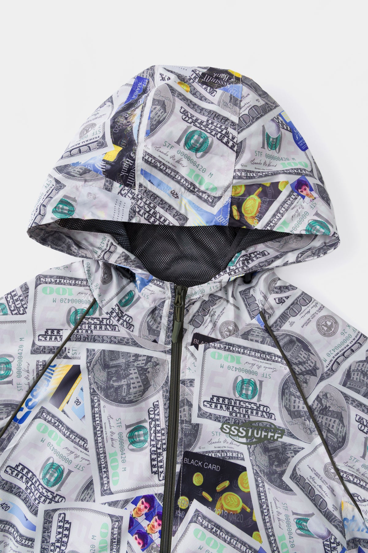 Close-up of the hood and the banknote print running across it.