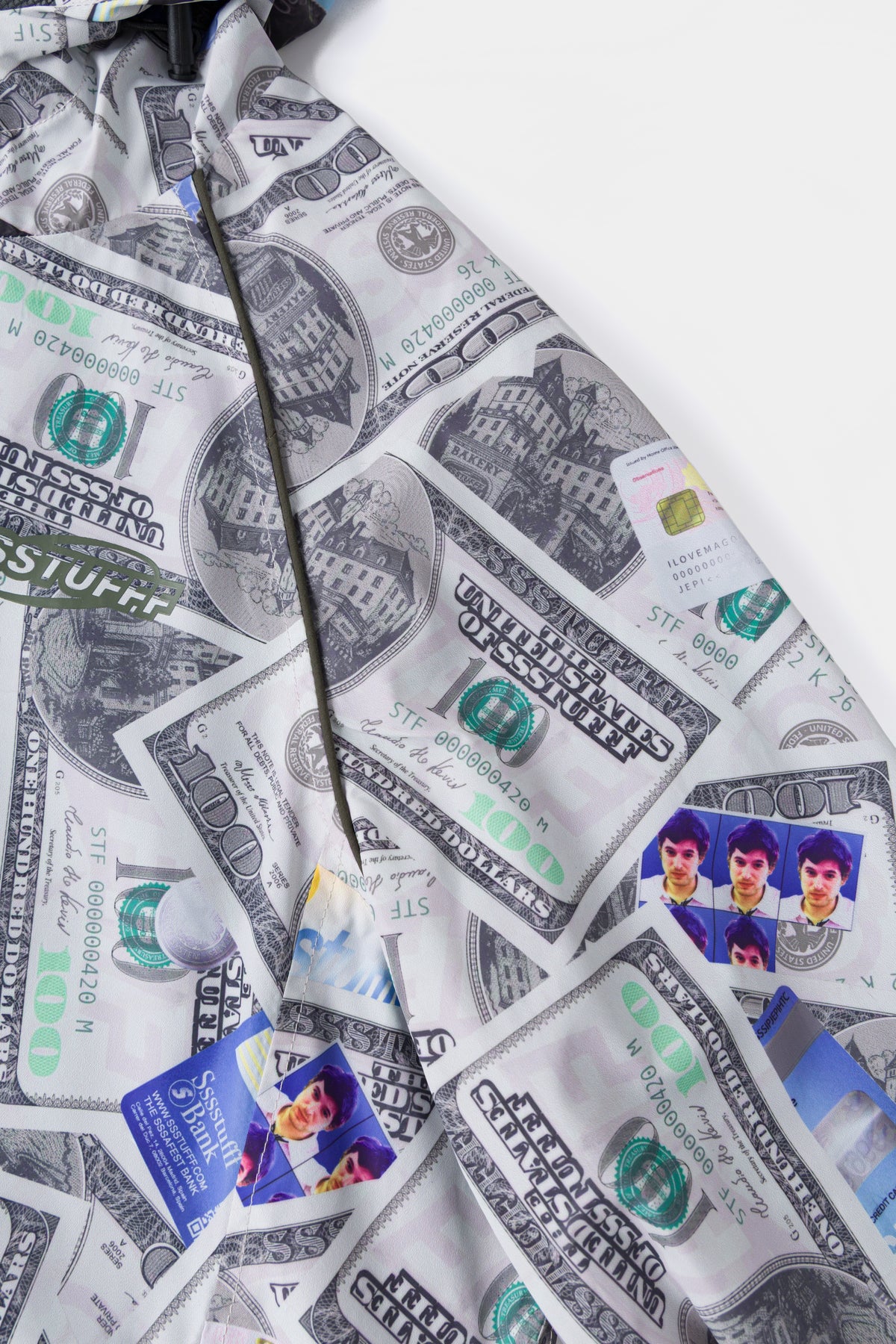 Detail of the front zip against the dollar print.
