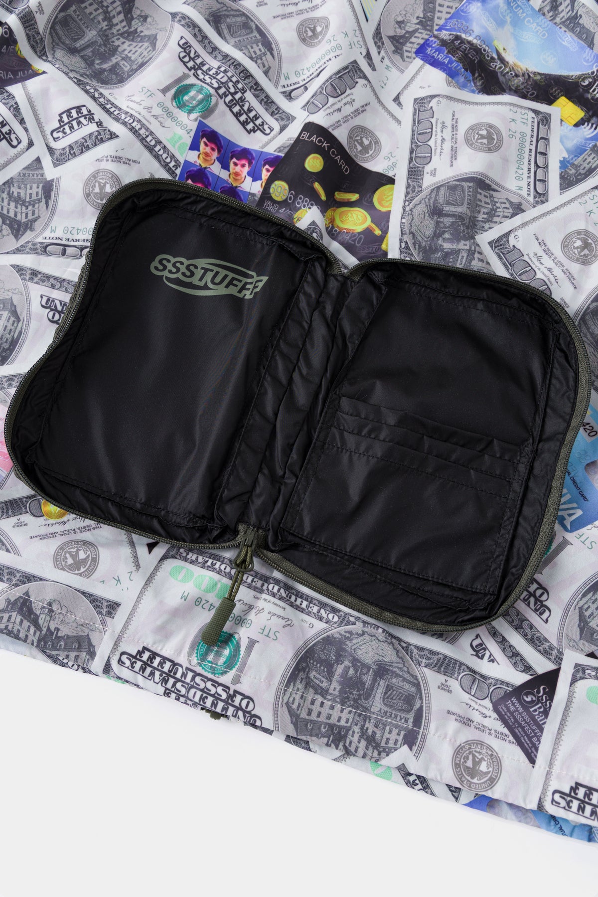 The wallet pouch opened out, showing the jacket packed inside.