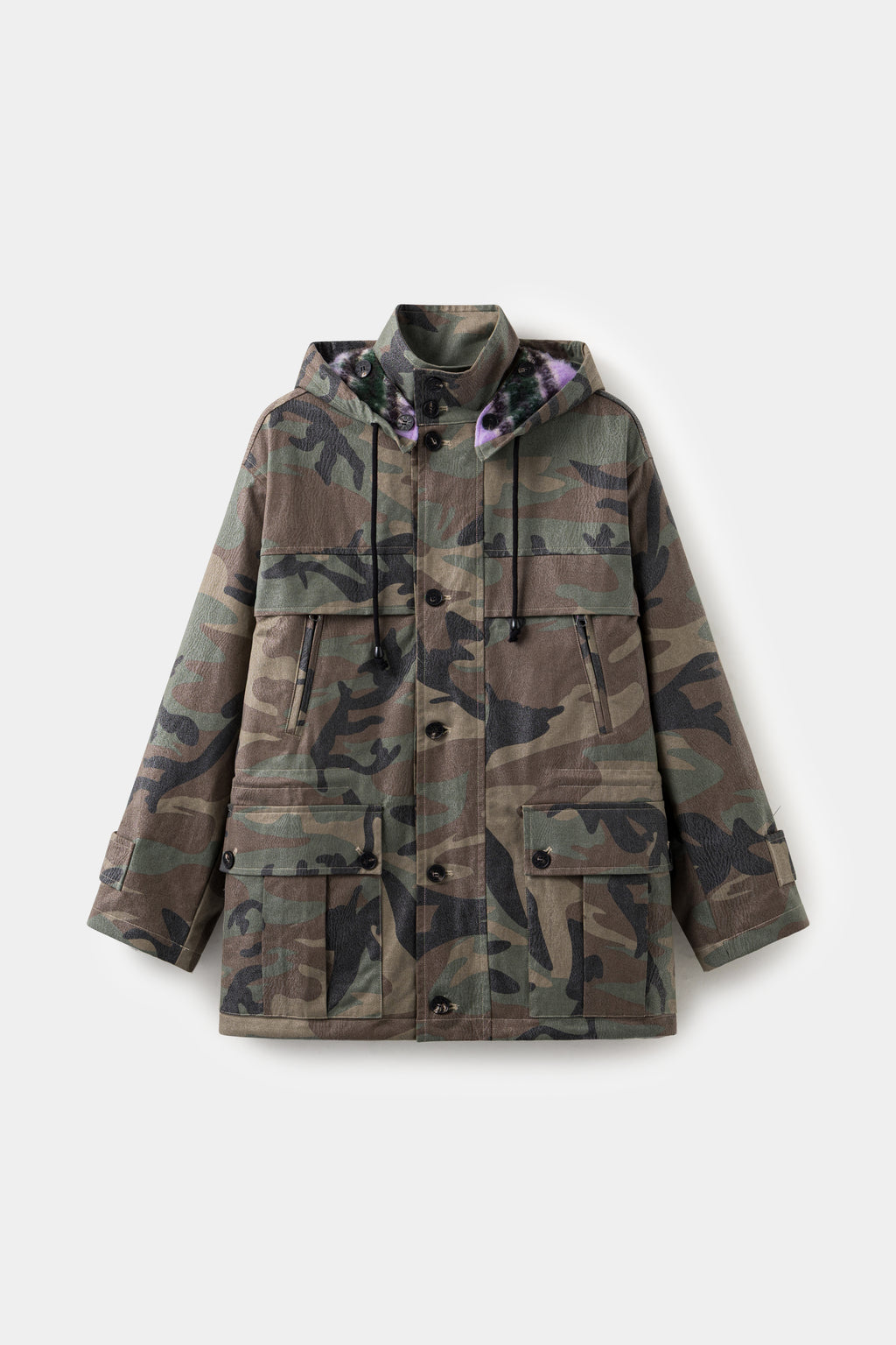 Faux Wax Camo Parka in woodland camo, with a detachable hood and multiple pockets.