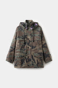 Faux Wax Camo Parka in woodland camo, with a detachable hood and multiple pockets.