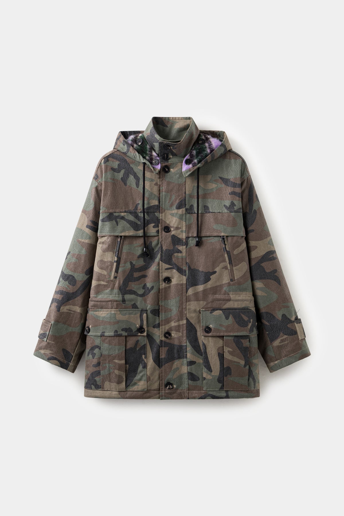 Faux Wax Camo Parka in woodland camo, with a detachable hood and multiple pockets.