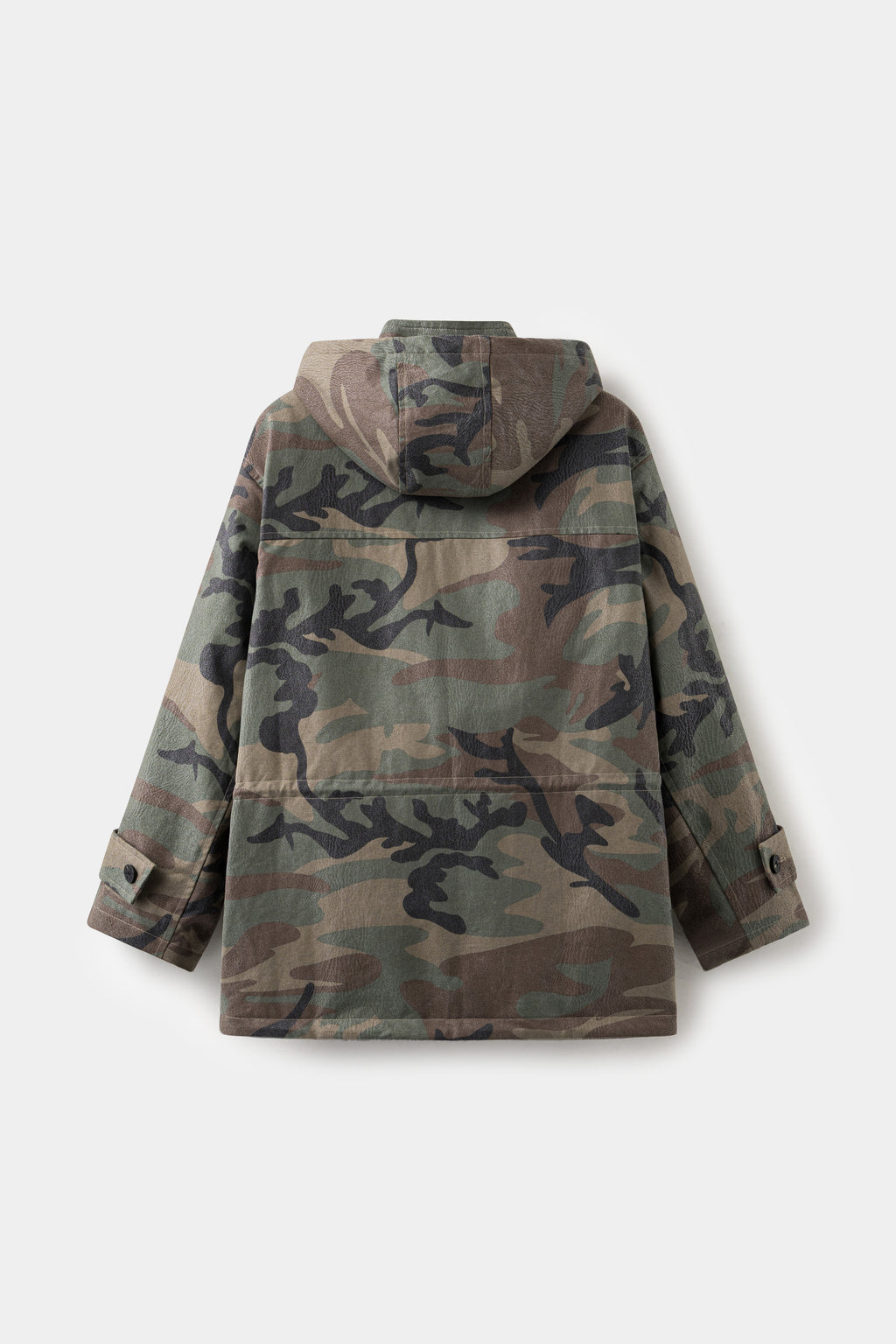 Back view of the woodland camo parka, showing the full-length cut.