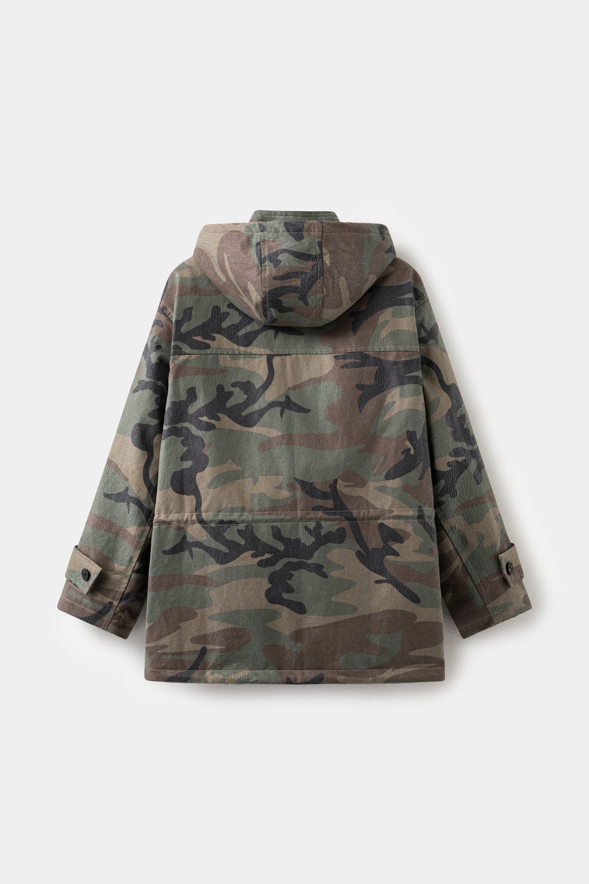 Back view of the woodland camo parka, showing the full-length cut.