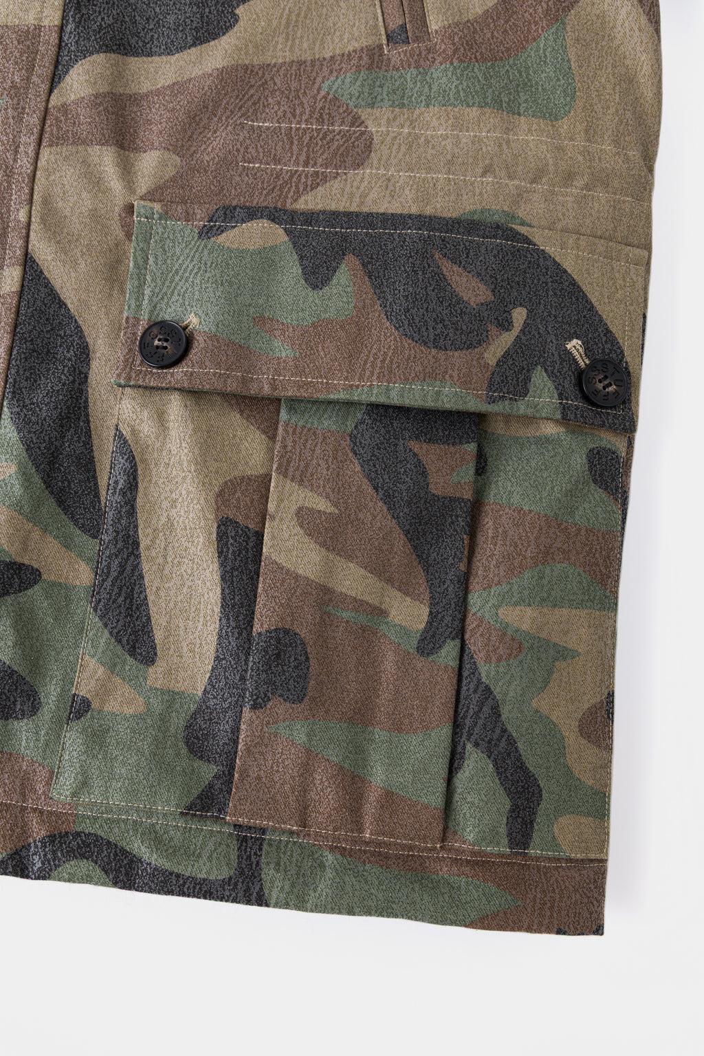 Detail of the flapped cargo pocket and its horn button.