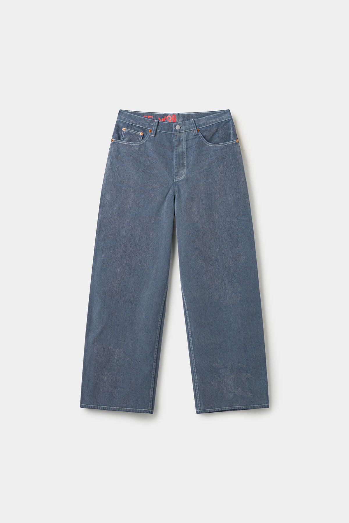 Flock Denim in washed light blue, a flocked wide straight-leg jean with a red SSSTUFFF label at the back waist.