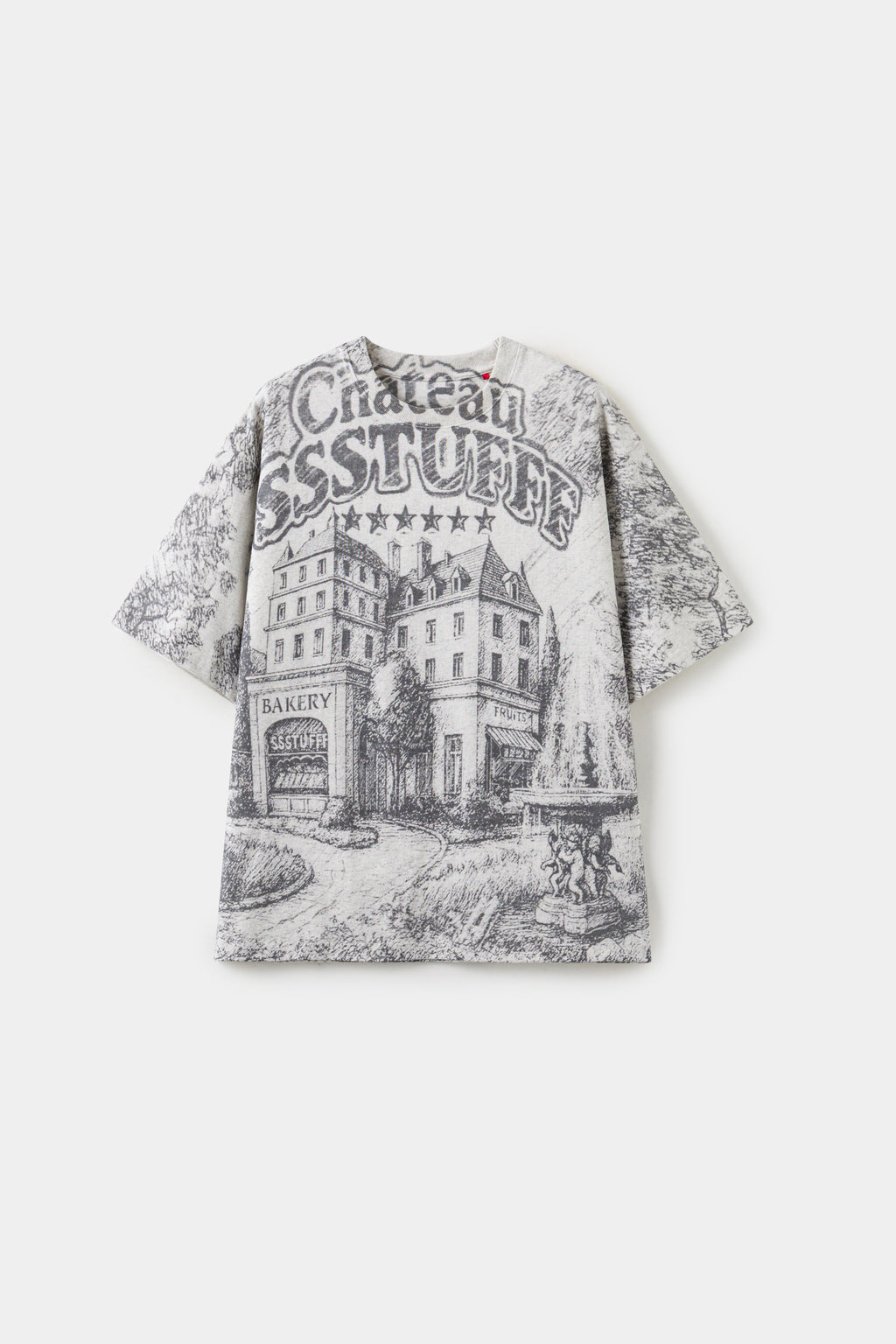 AOP Print Postcard Tee in off-white, printed edge to edge with the Château SSSTUFFF hotel postcard artwork.