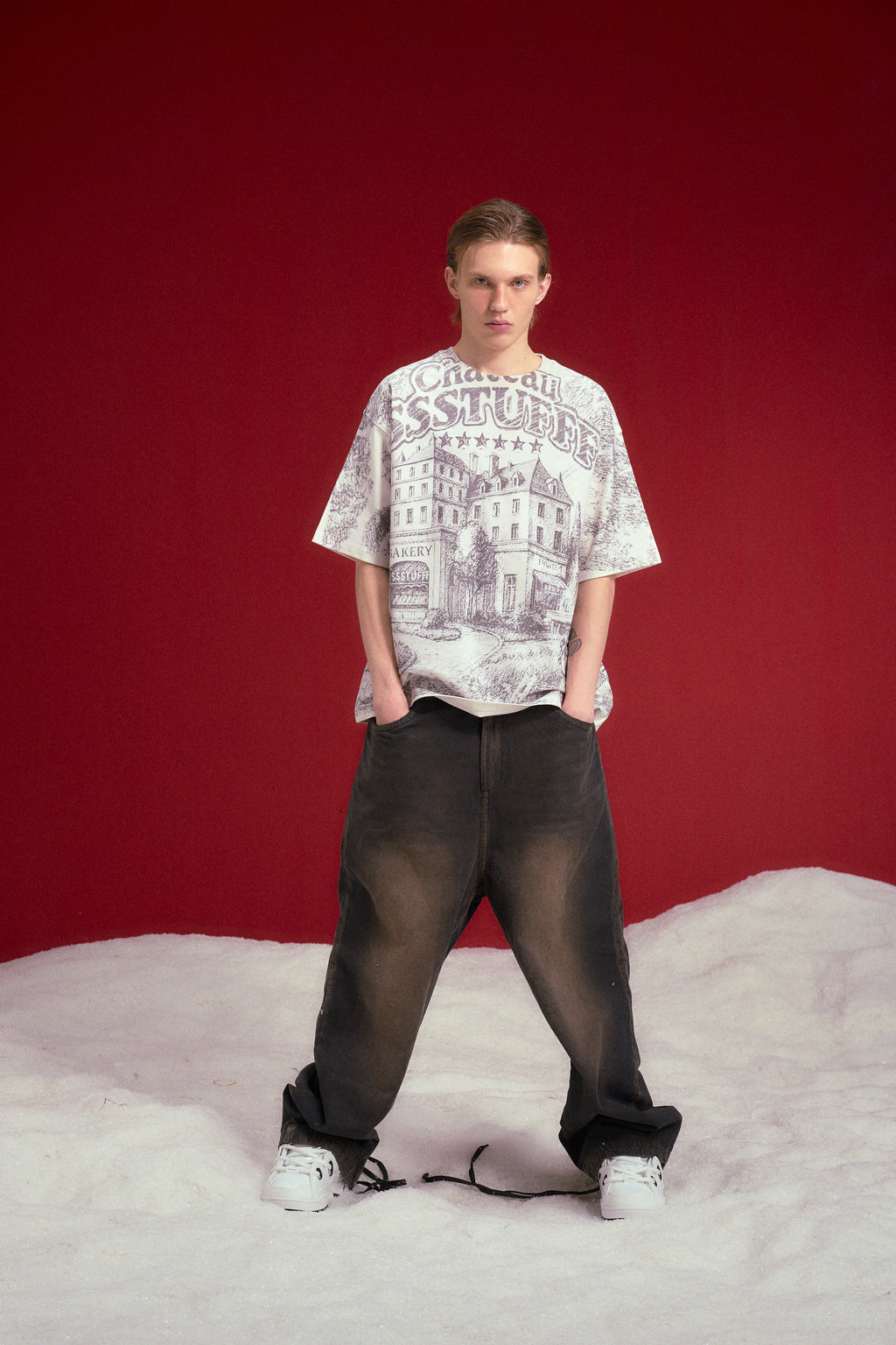 AOP Print Postcard Tee worn on a male model, full-length front view.