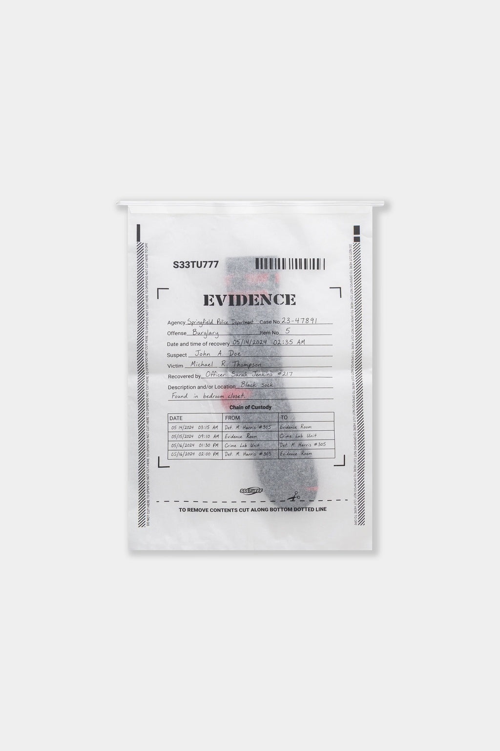 The Gunshots Socks packed in their printed EVIDENCE bag.