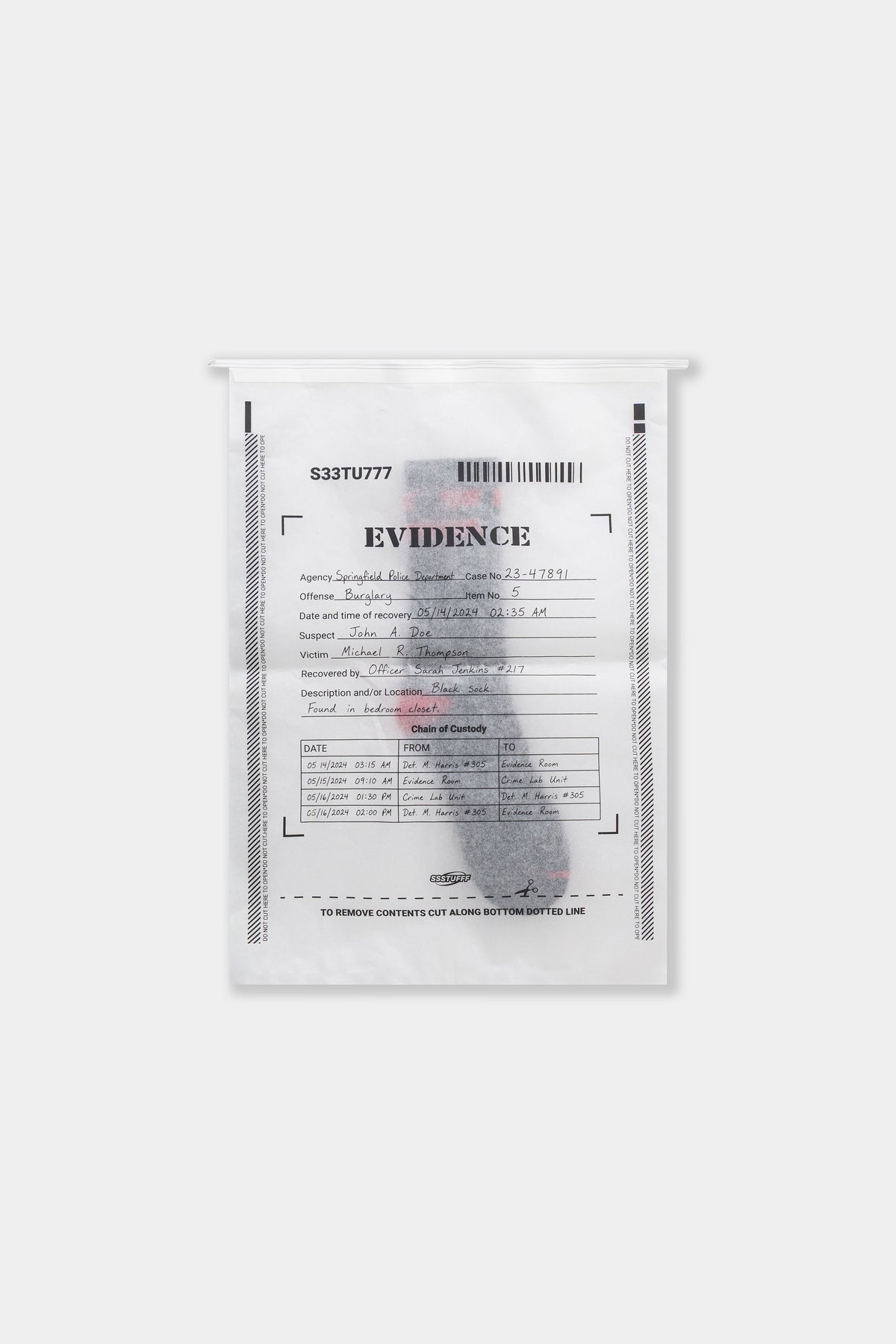 The Gunshots Socks packed in their printed EVIDENCE bag.