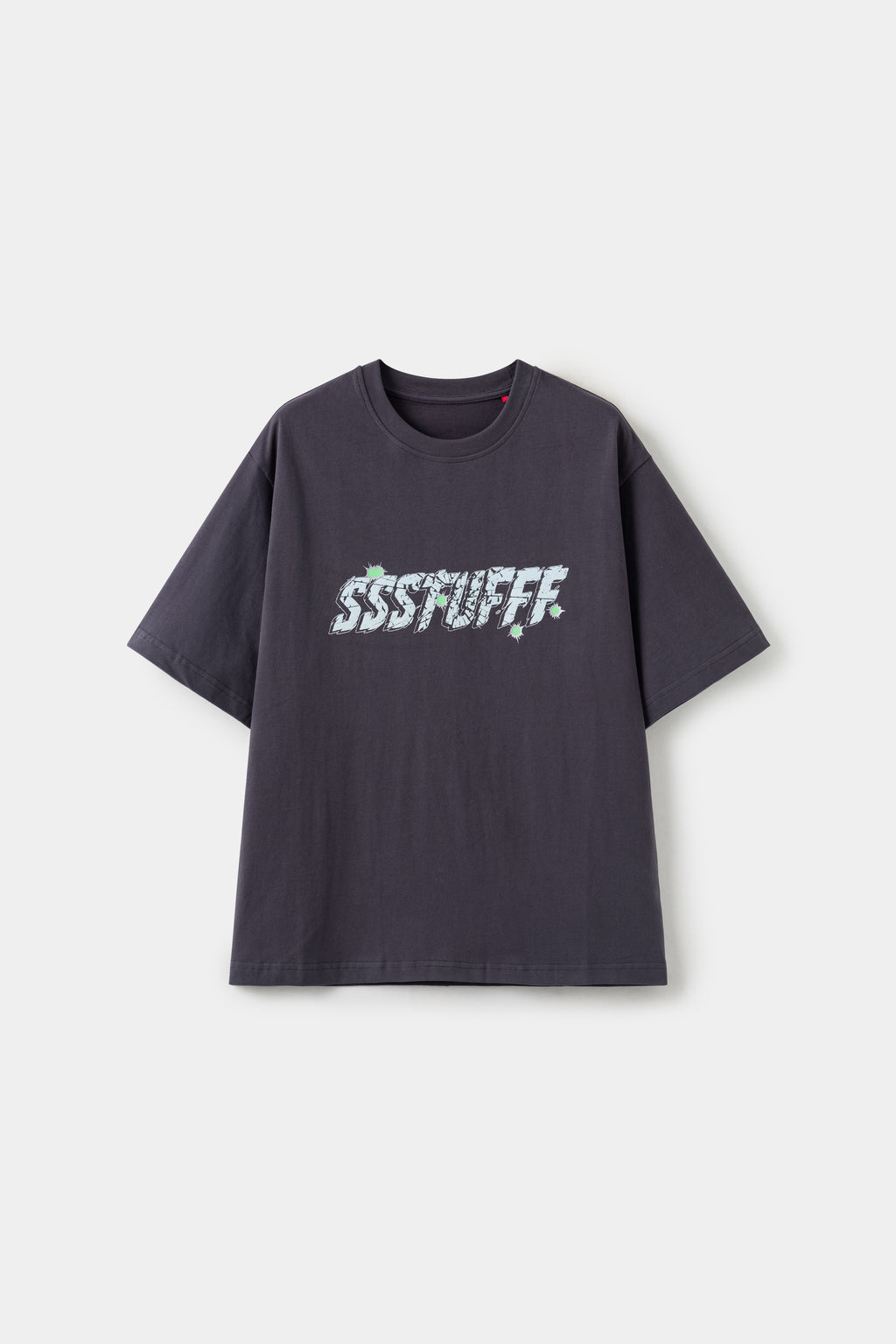 Gunshots Tee in charcoal with the SSSTUFFF logo printed as glass shattered by a bullet.