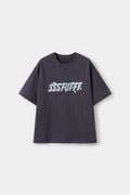 Gunshots Tee in charcoal with the SSSTUFFF logo printed as glass shattered by a bullet.