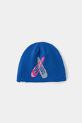 Hairclip Beanie in blue, knitted with an oversized pink and silver hair clip on the front.