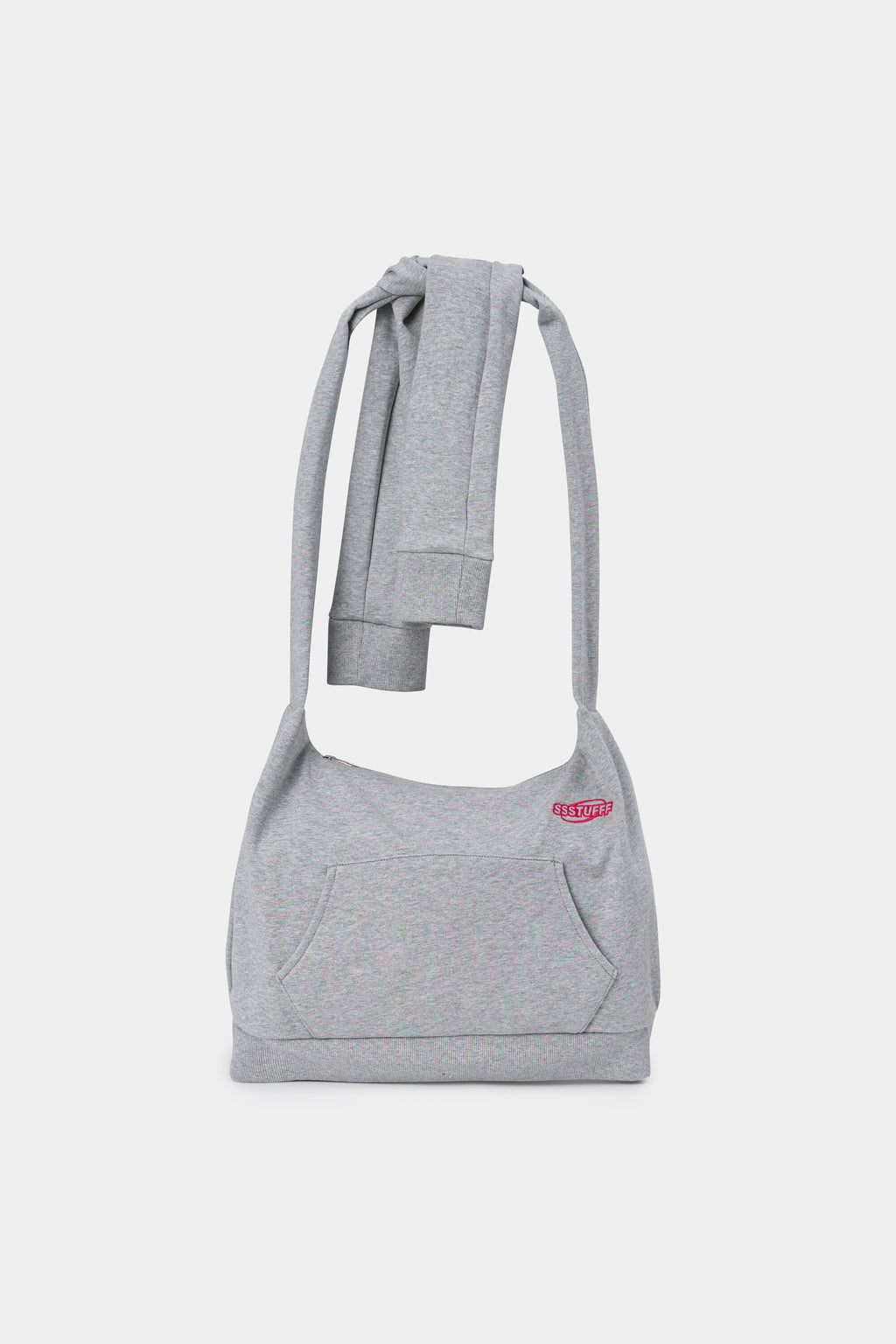 Hoodie Bag in grey marl, a hoodie rebuilt as a crossbody bag with the two sleeves knotted into the strap.