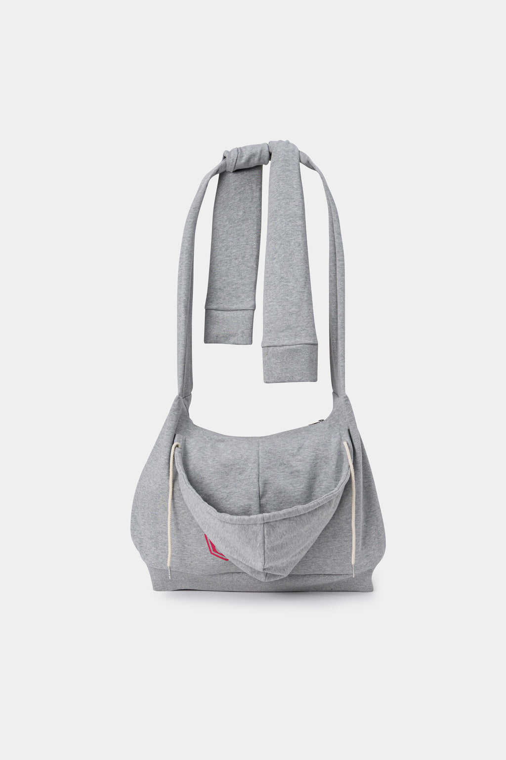 Back view of the grey Hoodie Bag, with the hood hanging below the body and its drawcords loose.