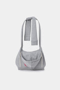 Back view of the grey Hoodie Bag, with the hood hanging below the body and its drawcords loose.