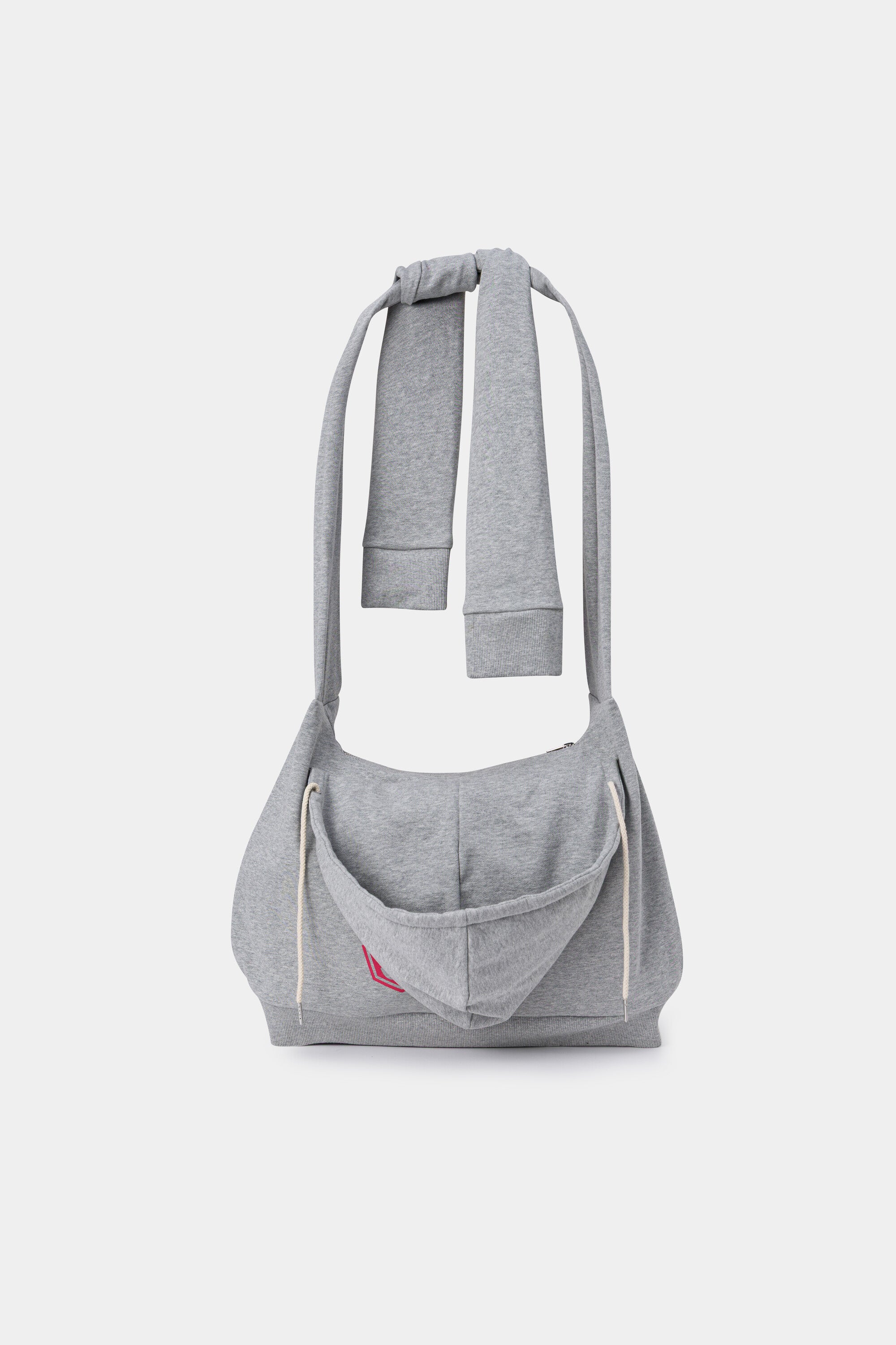 Back view of the grey Hoodie Bag, with the hood hanging below the body and its drawcords loose.