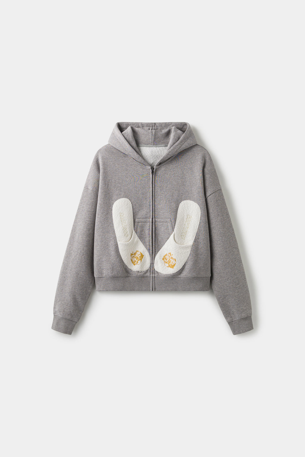 Hotel Slipers Pocket Zip Up Hoodie in grey marl, front view with the towelling slipper patches at the front.