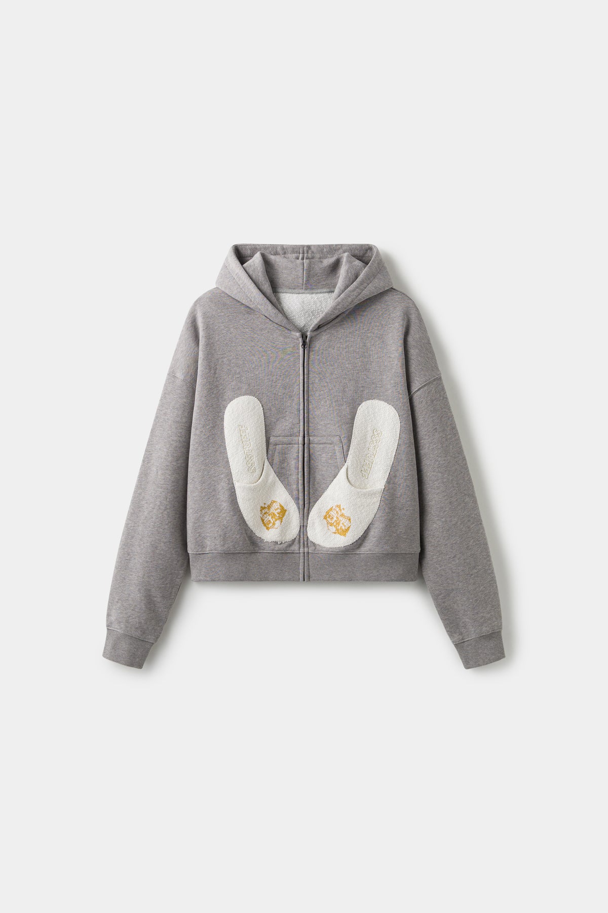 Hotel Slipers Pocket Zip Up Hoodie in grey marl, front view with the towelling slipper patches at the front.