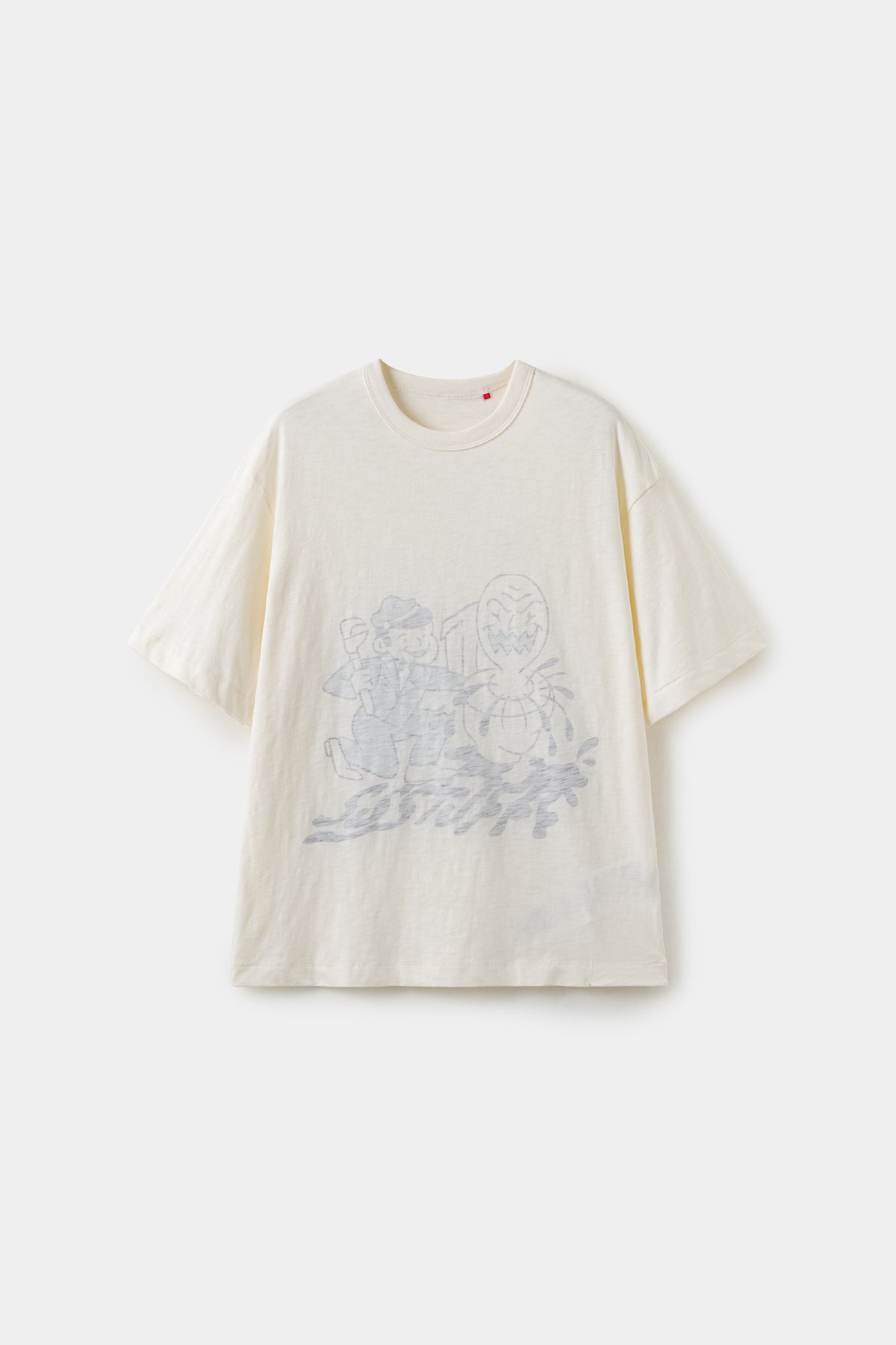 Inside Out Plumber Tee in cream, worn inside out so the plumber graphic shows faintly through the fabric.