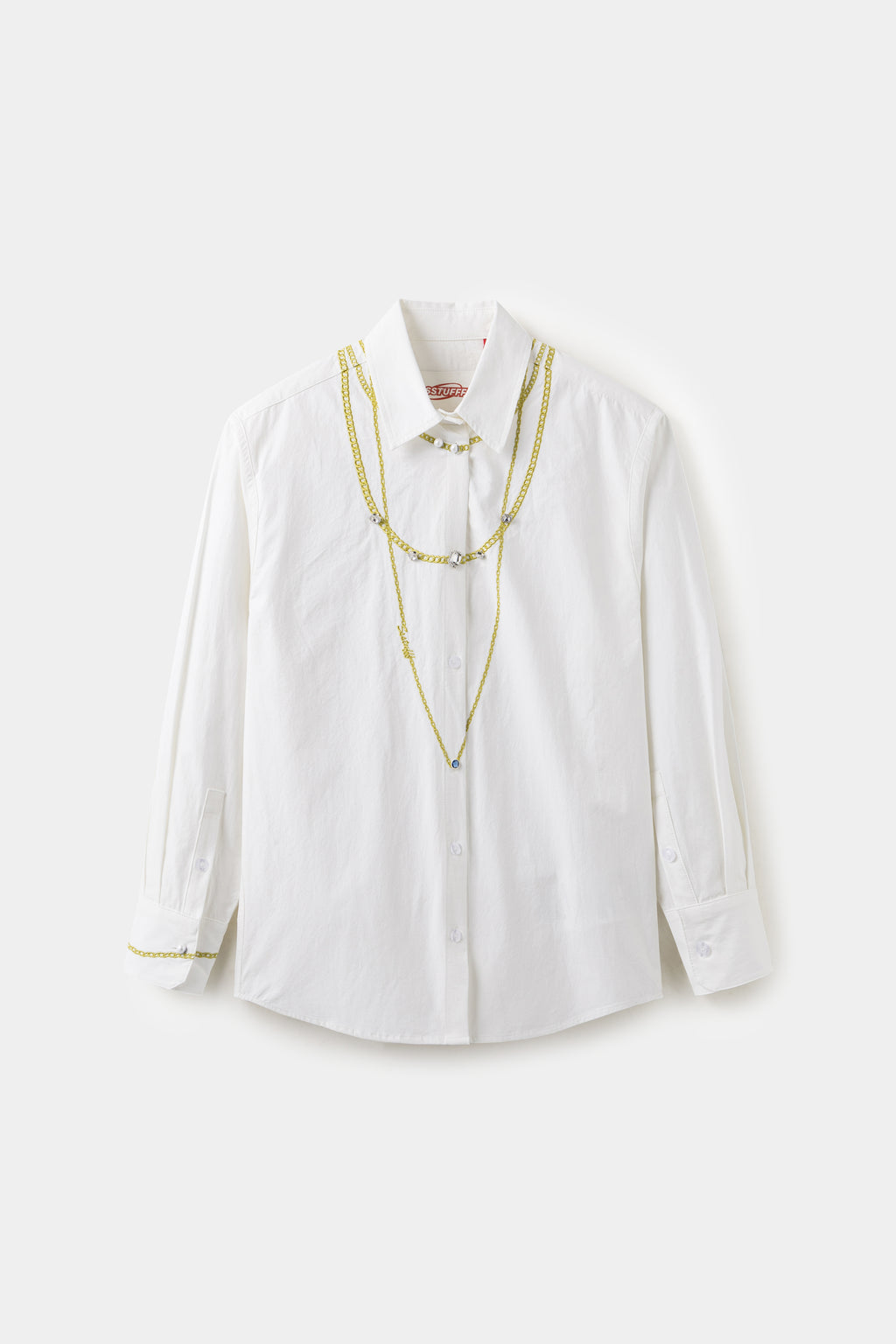 Fancy Embroidery Jewelry Shirt in white, an oversized shirt with gold-thread embroidered necklaces and hand-sewn pearls and crystals.