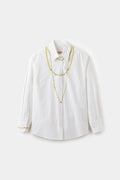 Fancy Embroidery Jewelry Shirt in white, an oversized shirt with gold-thread embroidered necklaces and hand-sewn pearls and crystals.