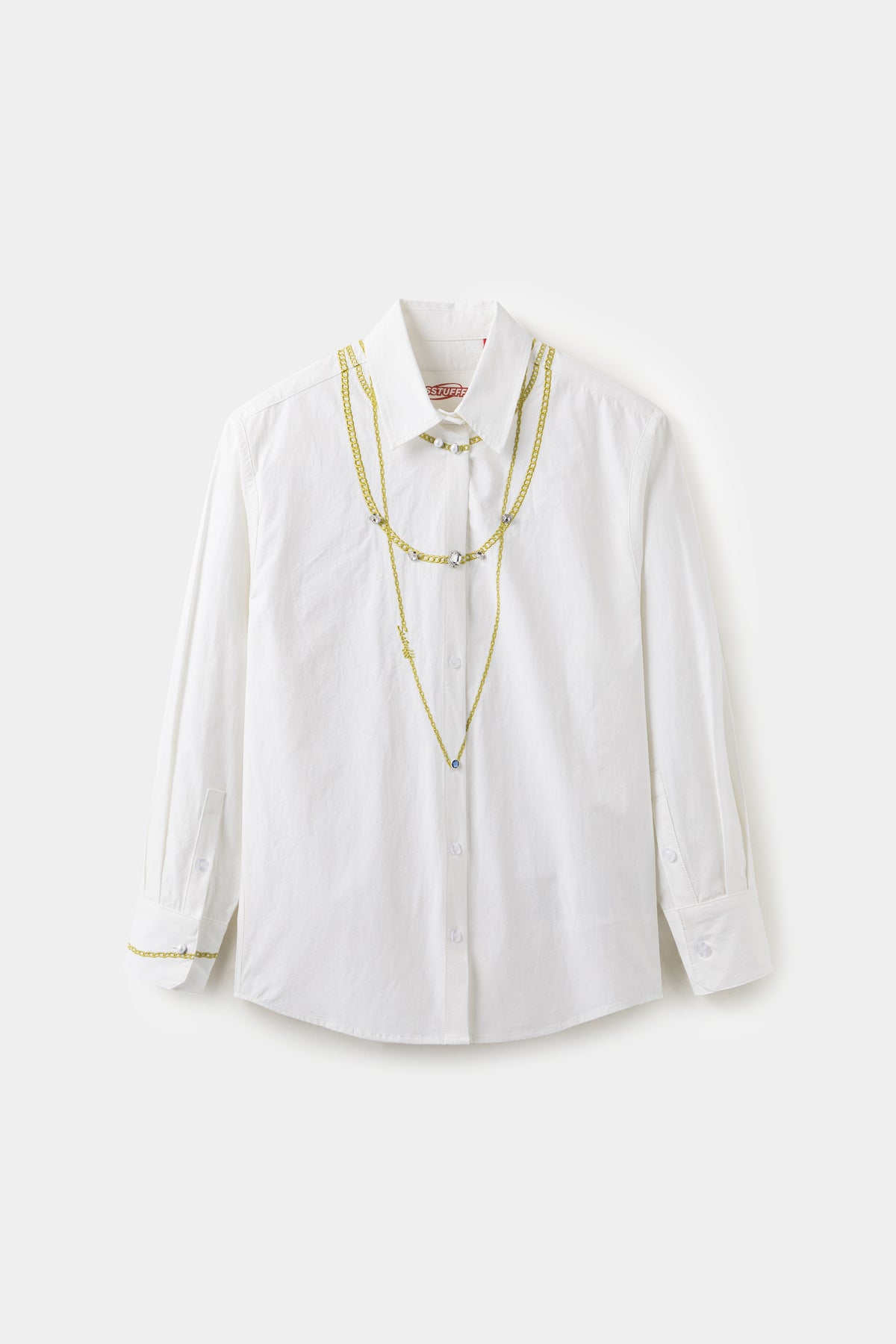 Fancy Embroidery Jewelry Shirt in white, an oversized shirt with gold-thread embroidered necklaces and hand-sewn pearls and crystals.
