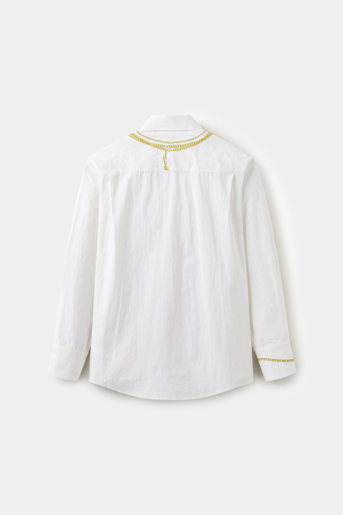 Back view of the white shirt, with the embroidered gold chain continuing round the collar.