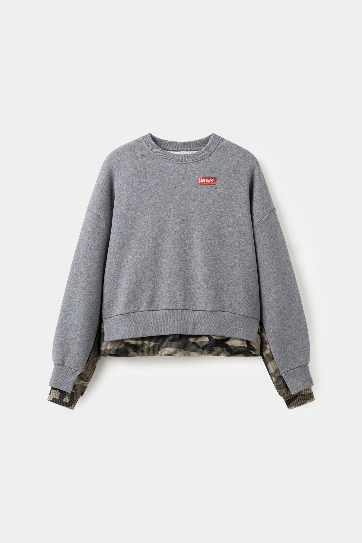 Layered Waffle Camo Crewneck in grey marl, with a waffle camo layer showing at cuffs and hem.