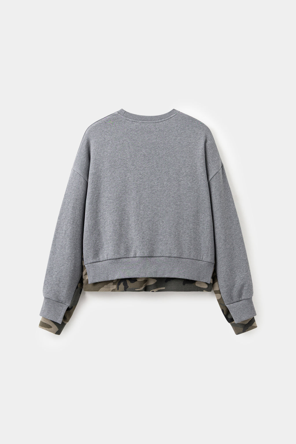 Back view of the grey marl crewneck, with the camo underlayer running below the hem.